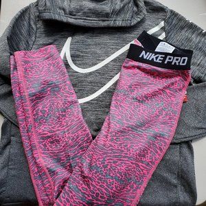 Nike Girls XL Hoodie Sweatshirt w/ dri-fit leggings Leopard Pink Gray Winter NEW